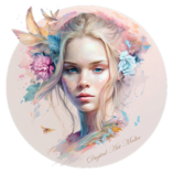 A painting of a girl with flowers on her head.